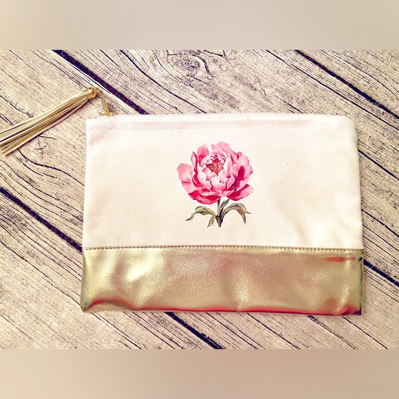 NEW. Large cotton canvas bag with faux golden leather. Flower vinyl print. - Picture 3 of 5